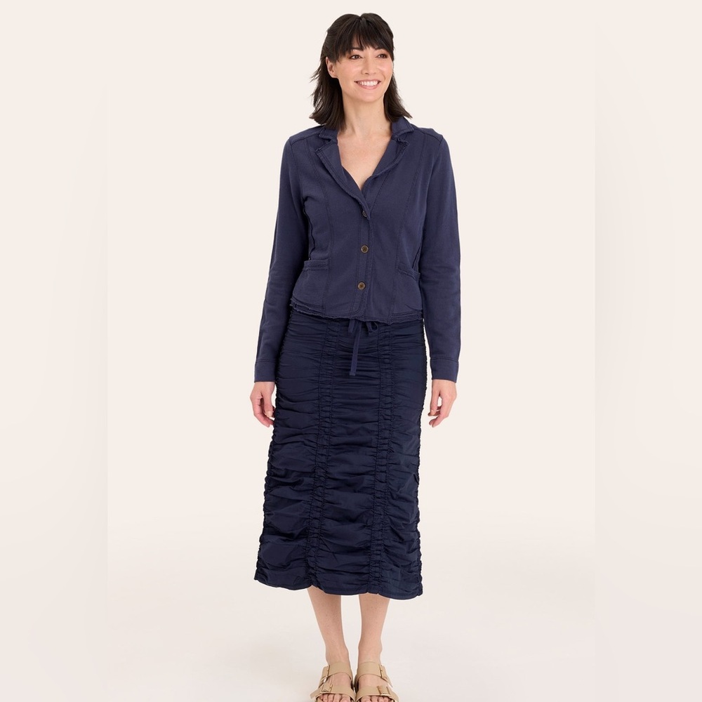 XCVI Stretch Poplin Double Shirred Panel Skirt, Navy Blue